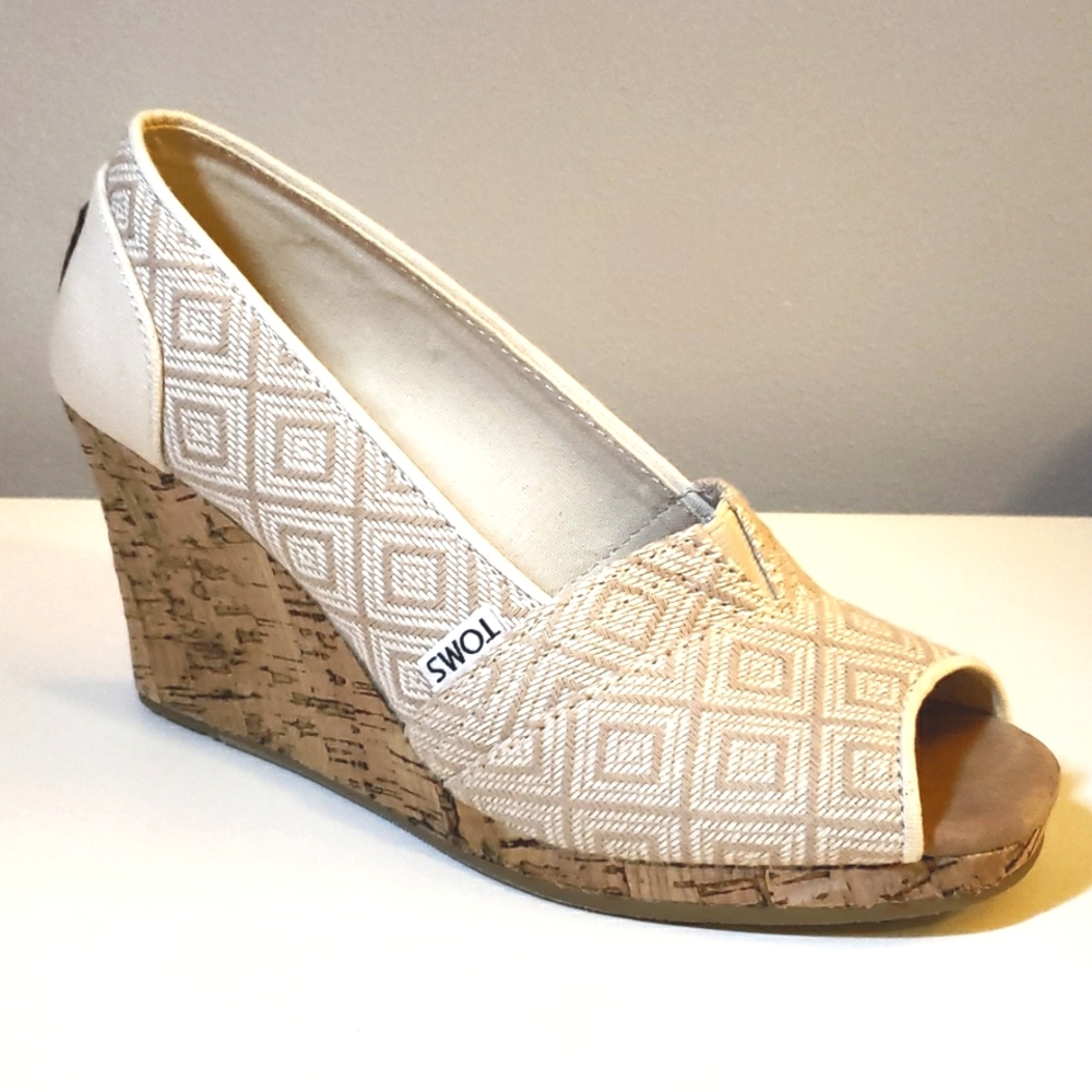 TOMS - TWEED OPEN TOE CORK WEDGE HEELS